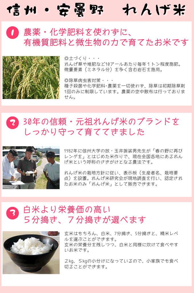 れんげ米　新米】長野県産　JAS有機　玄米・2kg
